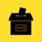 Black Vote box or ballot box with envelope icon isolated on yellow background. Long shadow style. Vector