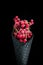 Black wafer cone with frozen redcurrant fruits. Ice cream