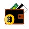 Black wallet purse with button, cash green, one bill, one credit card, one coin Bitcoin, credit bank card, white background