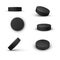 Black washers hockey puck front side back view set realistic vector ice game stadium play