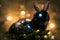 Black water rabbit in cyberpunk style on warm illuminated christmas tree in blurry background - neural network ai generated