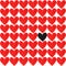 A black watercolor heart with a crowd of other watercolour red hearts on white background