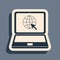 Black Website on laptop screen icon isolated on grey background. Laptop with globe and cursor. World wide web symbol
