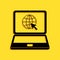 Black Website on laptop screen icon isolated on yellow background. Laptop with globe and cursor. World wide web symbol