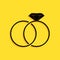 Black Wedding rings icon isolated on yellow background. Bride and groom jewelery sign. Marriage icon. Diamond ring icon