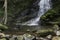 Black, wet dog playing fetch at base of a mountain waterfall.