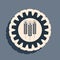 Black Wheat and gear icon isolated on grey background. Agriculture symbol with cereal grains and industrial gears