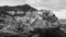 Black and white aerial view of Manarola skyline, Five Lands - It