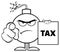 Black And White Angry Bomb Cartoon Mascot Character Pointing And Holding A Tax Sign Form.
