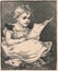 Black and white antique illustration shows a cute little girl reading a letter. Vintage marvellous illustration shows