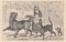 Black and white antique illustration shows a girl goes for a walk with a dog, cat and frog. Vintage drawing shows the