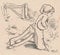 Black and white antique illustration shows a little boy and a broken wheelbarrow. Vintage marvellous illustration shows