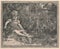 Black and white antique illustration shows a small girl at the river bank. Vintage marvellous illustration shows a small