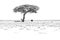 Black and white art. Dry hot day with sun in Etosha NP, Namibia. Herd of antelope springbok and ostrich hidden below the tree, in