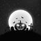 Black and white Background for Halloween in retro style. Cartoon pumpkin in the cemetery. Full moon and realistic starry