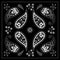 Black and white bandana print with paisley. Square pattern design for pillow, carpet, rug.