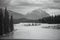 Black and white Banff mountainscape with lake