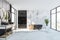 Black and white bathroom interior, tub and sink