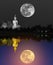 Black and white big buddha statue with super moon and colorful big golden buddha statue reflection