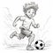 Black And White Cartoon Boy Kicking Soccer Ball - Coloring Book Illustration