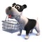 Black and white cartoon puppy dog in 3d holding a shopping basket in its mouth