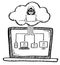 Black and white cartoon style drawing of a hacker attacking office equipment through a cloud connection