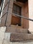 A Black and white cat in front of Ã  Door stairs