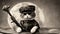 black and white cat steampunk cat pirate in space with a background of the globe. The cat is wearing a silk shirt,