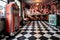 black and white checkered floor with jukebox in corner