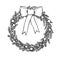 Black and white Christmas wreath with bow, hand drawn illustraiton