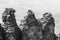 Black and white, close up image of Three Sisters rock formation. Blue Mountains. Echo Point Katoomba, New South Wales, Australia