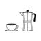 Black and white coffee moka pot with cup vector illustration