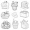 Black and white collection of sweet pastries. Cakes, cupcakes