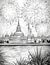 Black and White coloring page fireworks shots against the sky and buildings and water. New Year\\\'s fun and festiv