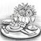 Black and White coloring sheet set table, plates glasses, cutlery, pumpkins, grapes, leaves. Picture on a white isolated