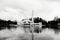 Black and white concept of beautiful floating mosque on the lake