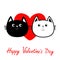 Black White contour Cat head couple family icon. Red heart. Cute funny cartoon character. Happy Valentines day Greeting card. Kitt