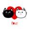 Black White contour Cat head couple family icon. Red heart. Cute funny cartoon character. Word love Valentines day Greeting card.