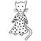 Black and white contour panther drawn by hand in a long dress with polka dots to the floor. Children`s funny doodle for coloring b