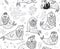 Black and white contour seamless pattern with hipster walruses with beards and tattoos in cartoon style.