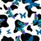 Black and white cowhide combined with blue butterflies, seamless pattern. Vector background
