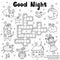Black and white crossword game for kids. Good night theme coloring page