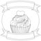 Black and white cupcake poster heart topping text ribbon.