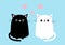 Black white cute cat sitting kitten set. Pink hearts. Cartoon kitty character. Kawaii animal. Funny face with eyes, mustaches, nos