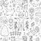 Black and white cute farm seamless pattern with scarecrow, pig, cow, kids farmers