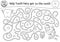 Black and white dental care maze for children. Preschool line dentist clinic activity or coloring page. Help the Tooth Fairy get