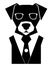 Black and white dog wearing a black suit and tie, with a pair of round glasses