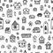 Black and white doodle seamless pattern with cute houses. Linear graphics