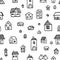 Black and white doodle seamless pattern with cute houses. Linear graphics