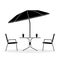 Black and white drawing, cafe table and two chairs under beach umbrella on white background vector illustration